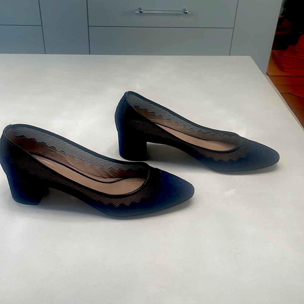 Chloe Lauren scalloped navy blue suede heeled pumps with sheer detail